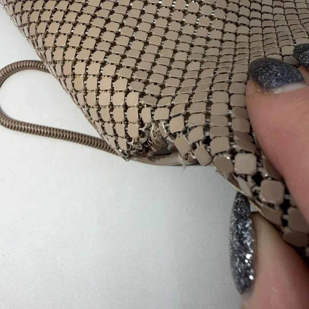 Pelle Italia Vintage Mesh Clutch Handbag Taupe Gold Chain Strap Evening Bag